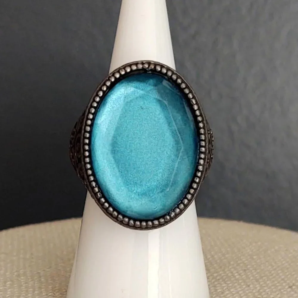 Large blue faceted bead statement ring